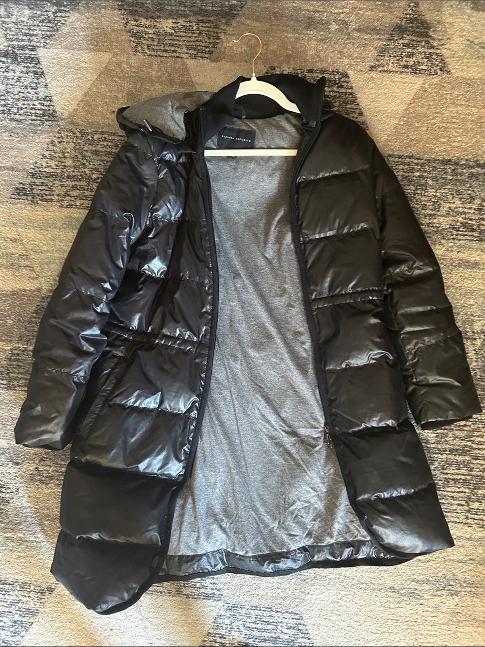 Banana Republic Black Shiny Quilted Hooded Puffer Coat